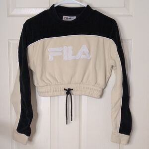 Fila Black Mock Neck Cropped sweatshirt Size Small Functional Adjustable Tie